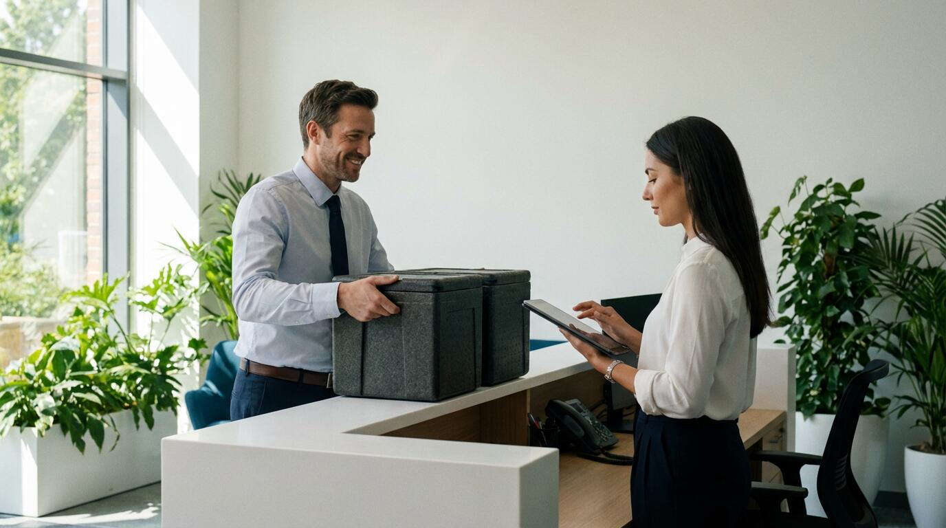 Livreur déposant caisses isothermes à l'accueil d'une entreprise pour livraison repas