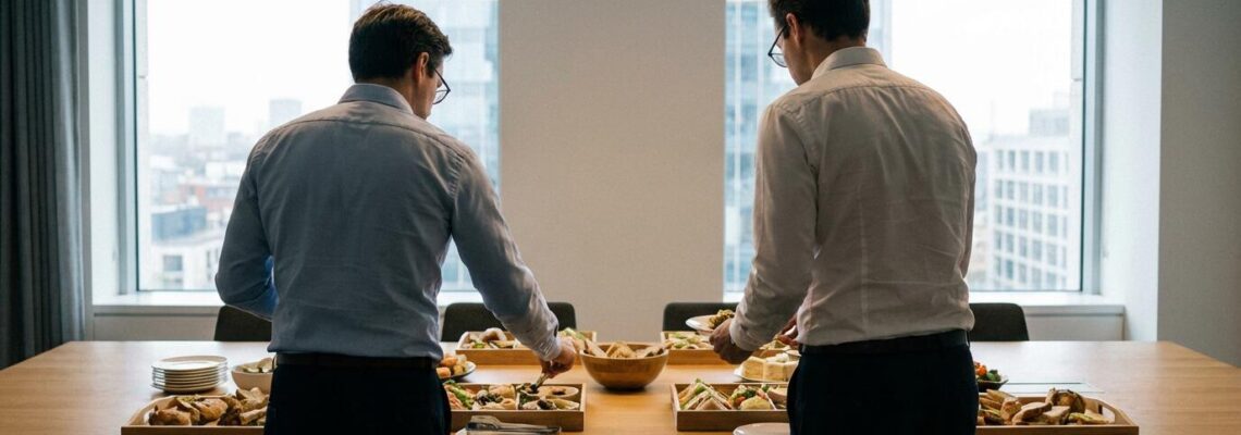 Déjeuner professionnel avec plateaux repas disposés sur table de réunion moderne
