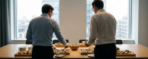 Déjeuner professionnel avec plateaux repas disposés sur table de réunion moderne