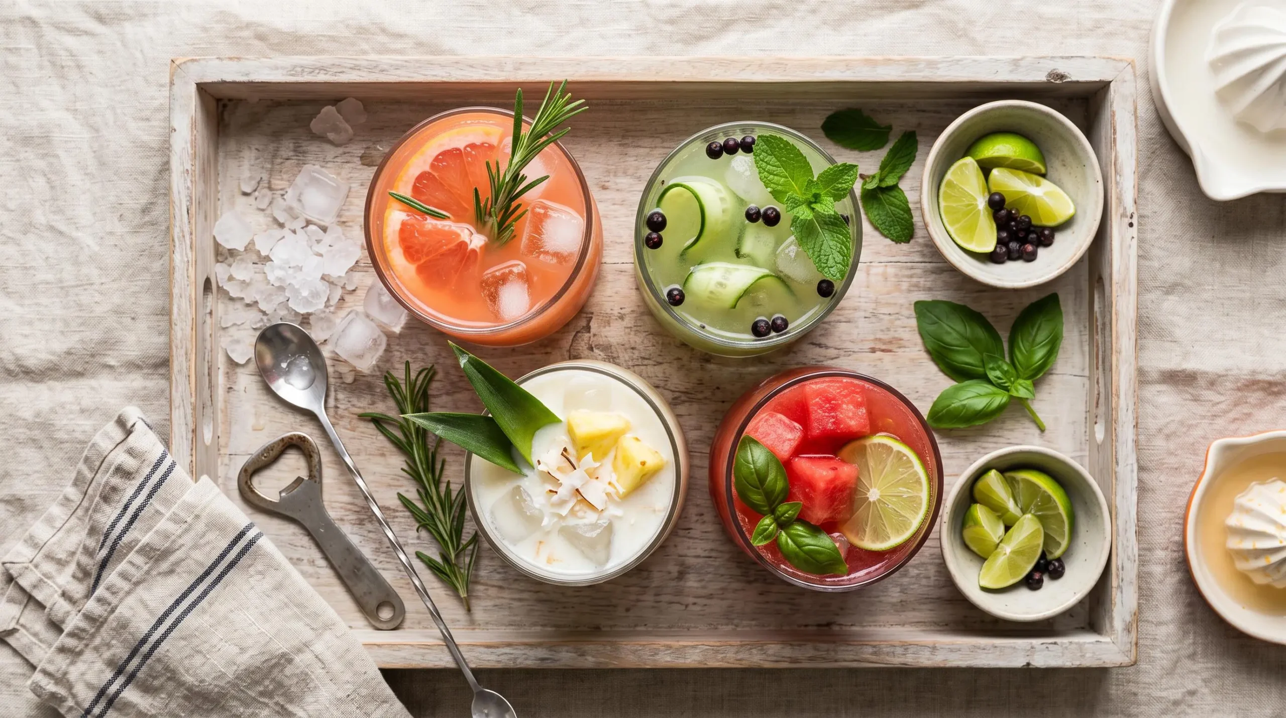 Quatre verres de cocktails sans alcool colorés disposés sur un plateau en bois vu de dessus