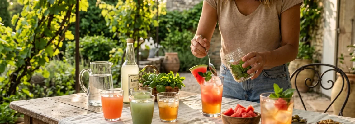 Table de terrasse avec verres de cocktails colorés, glaçons, fruits frais et herbes aromatiques disposés sur un drap de lin en été