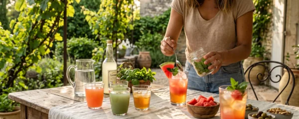 Table de terrasse avec verres de cocktails colorés, glaçons, fruits frais et herbes aromatiques disposés sur un drap de lin en été